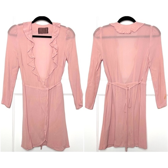 REFORMATION Crepe Ruffle V-Neck Long Sleeve Wrap Tie Waist Fit & Flare Dress XS - Picture 3 of 7